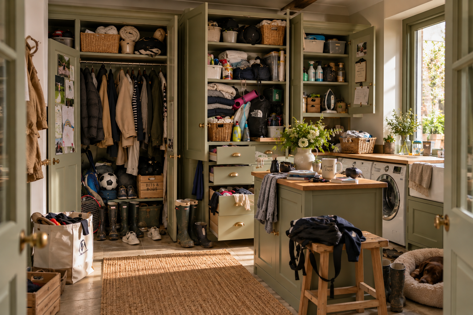 A built-in family utility room cupboard crammed full of coats, bags, shoes, sports kit and everyday belongings