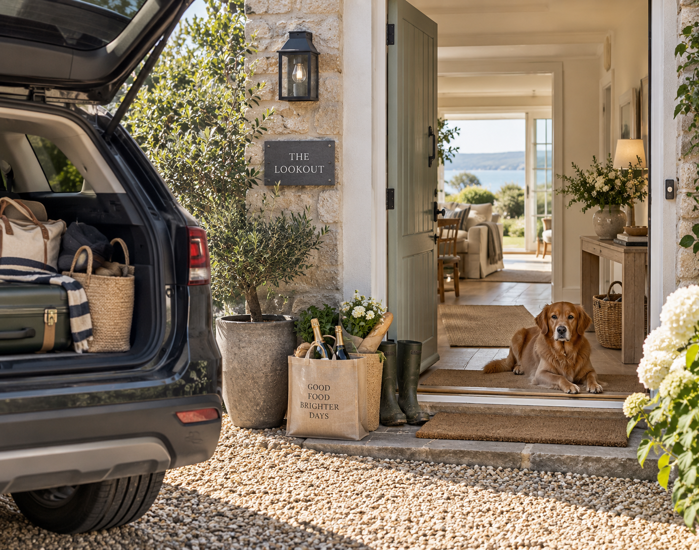 A car boot unpacked outside an open front door, shopping ready and a dog waiting on the step