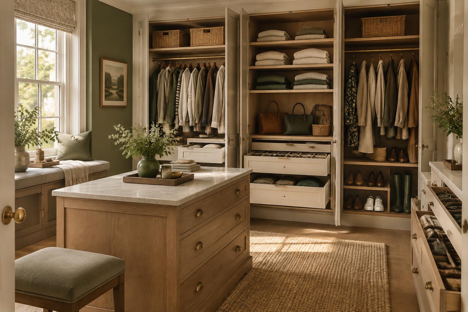 A beautifully organised dressing room with wardrobes and drawers open, everything in its place