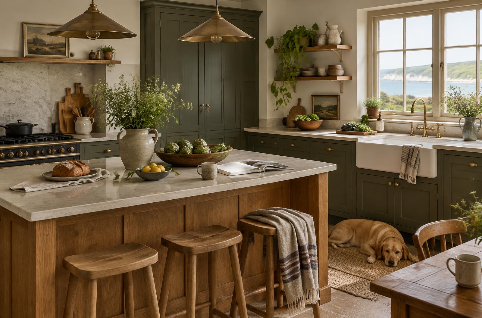 A warm, lived-in kitchen with deep olive cabinetry