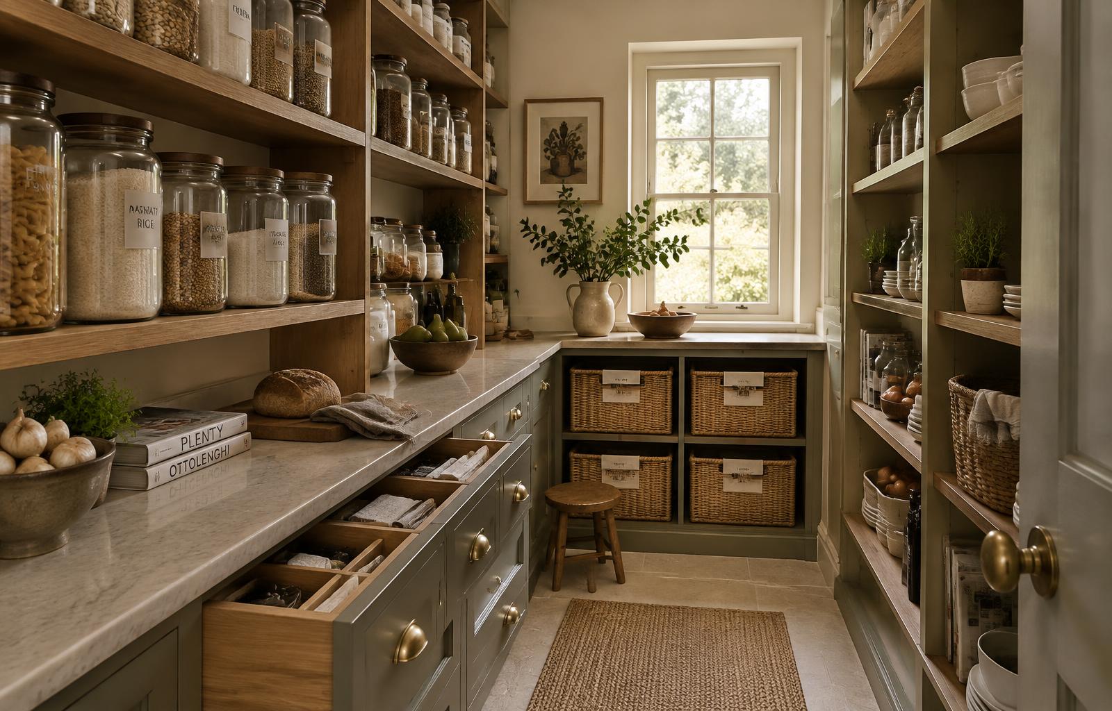 Everyday kitchen belongings beautifully organised in an open larder cupboard