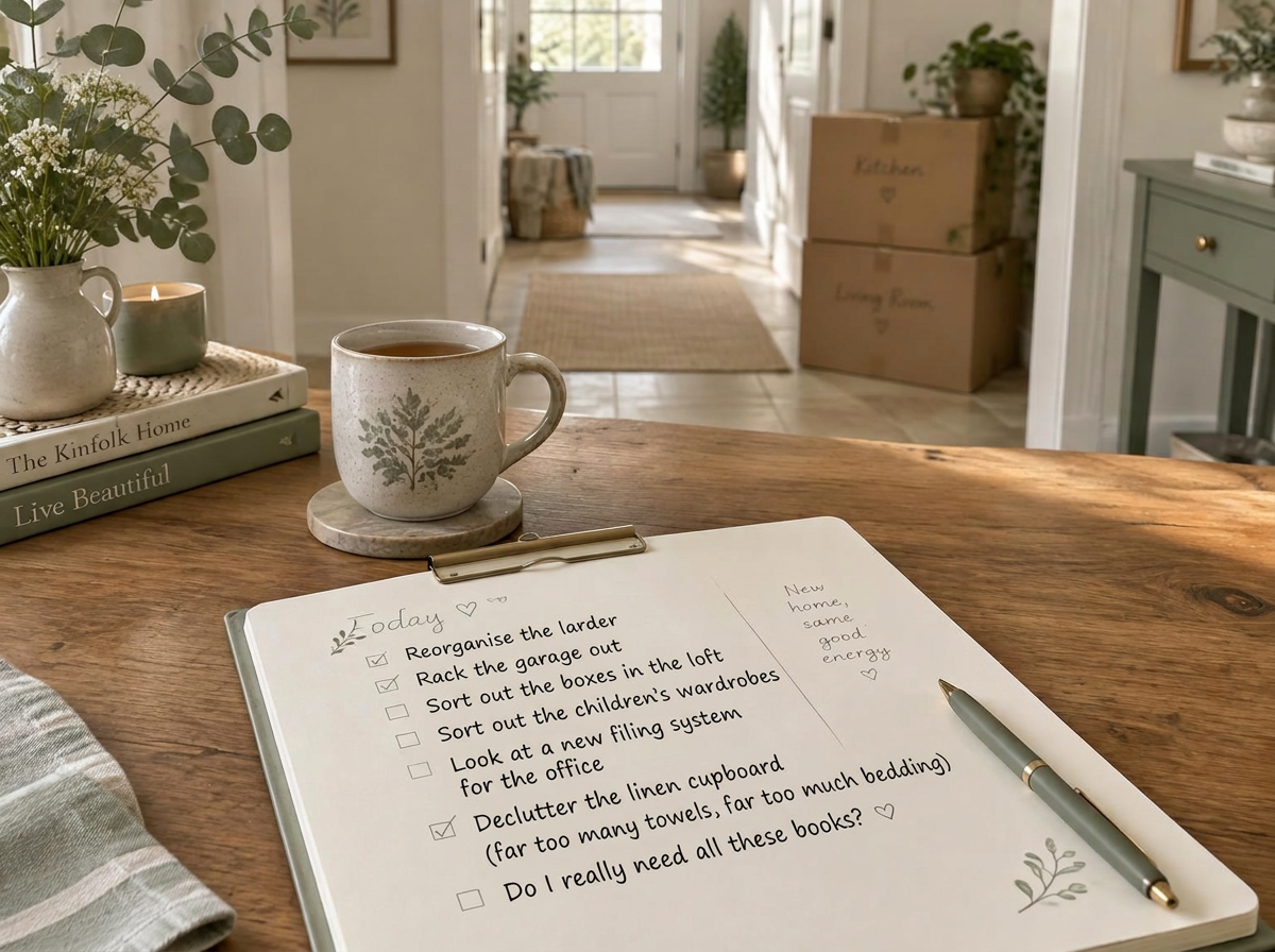 A clipboard with Neen's to-do list — reorganise the larder, rack the garage out, sort out the boxes in the loft and more — with a mug of tea on a kitchen table